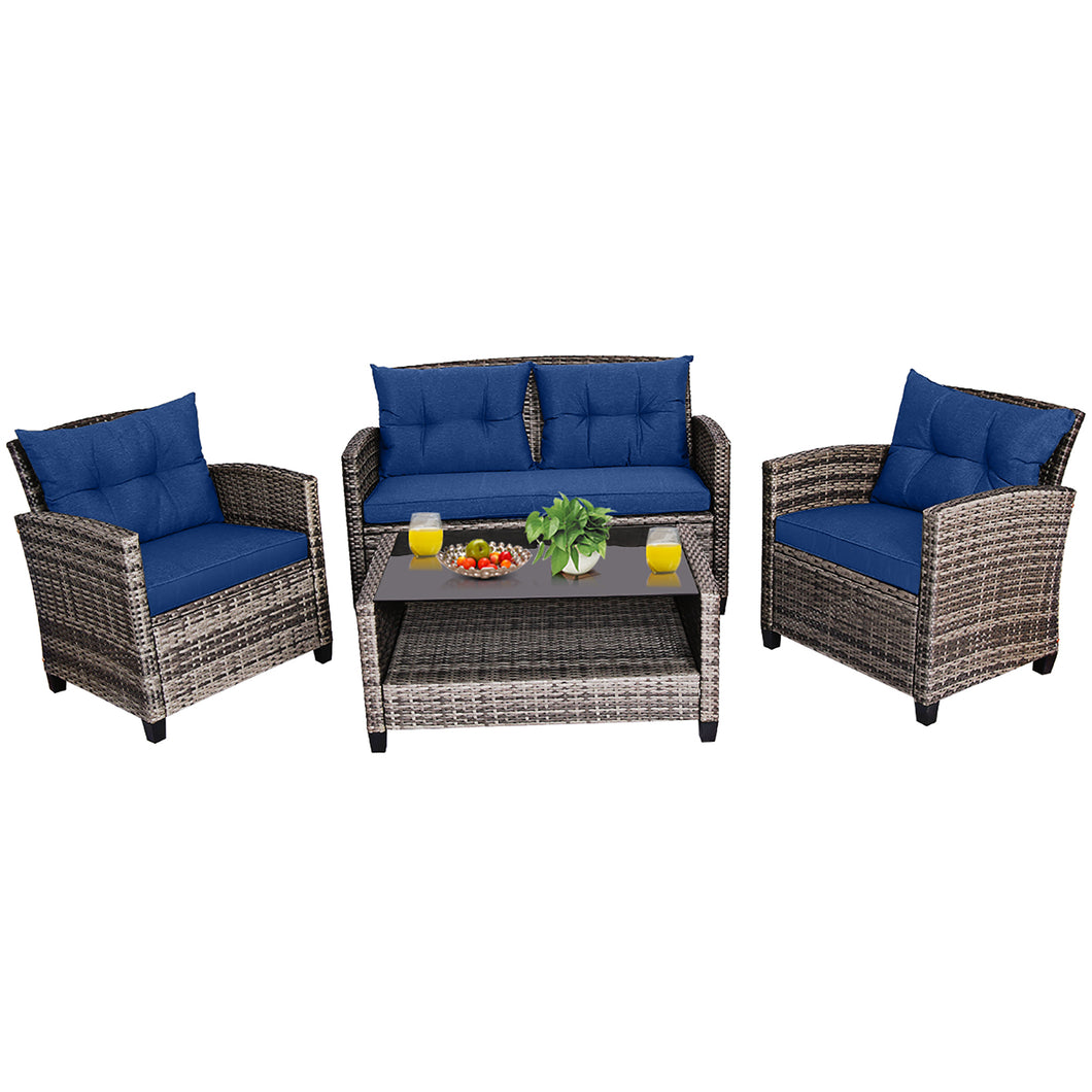 Gymax 4PCS Rattan Furniture Set Coffee Table Cushioned Sofa Garden Lawn Patio Navy