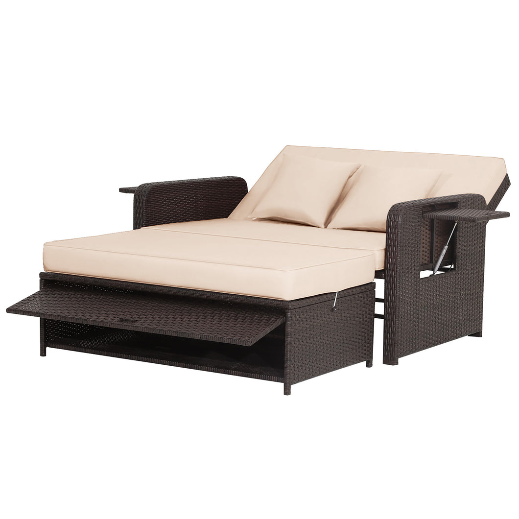 Gymax Rattan Daybed Lounge with  Retractable Top Canopy Side Tables Cushions Off Patio Beige