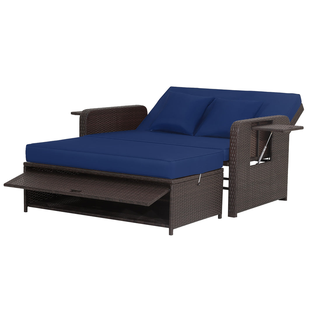 Gymax Rattan Loveseat Set Daybed Lounge Storage Ottoman Side Tables Adjust Patio Navy