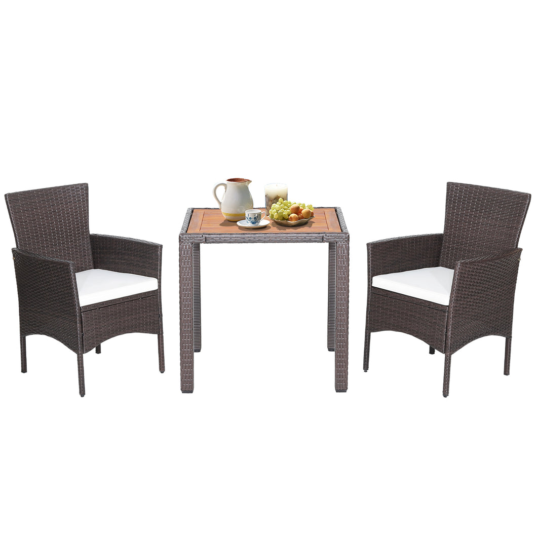 Gymax Set of 3 Wicker Dining Set Acacia Wood Table Top With  Cushioned Chairs Patio Garden