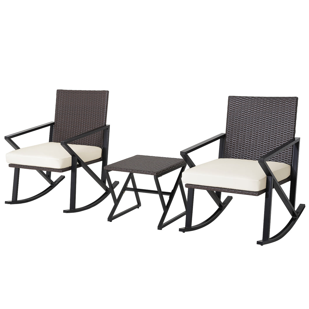 Gymax Set of 3 Rattan Wicker Rocking Chairs Table Bistro Set Cushioned Rocker Patio