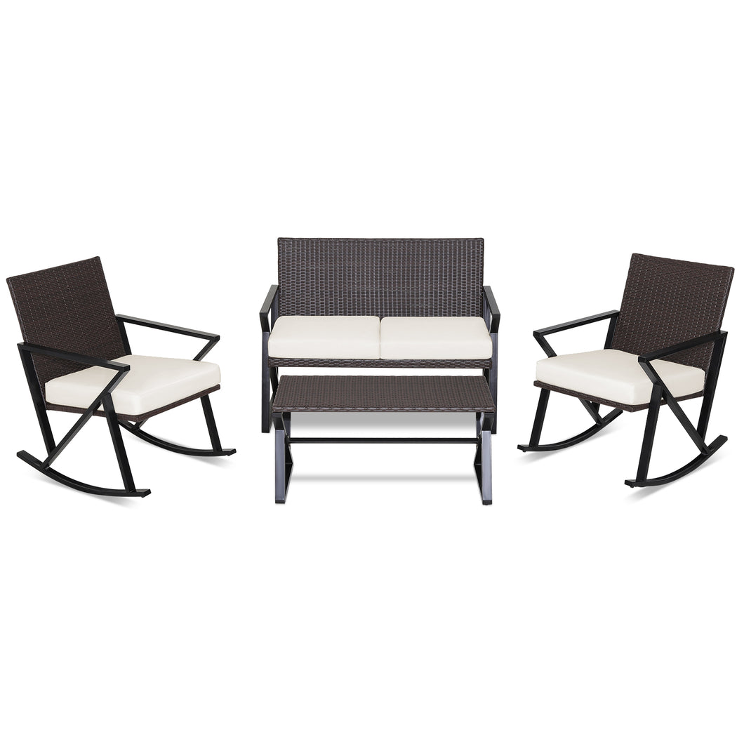 Gymax Set of 4 Patio Rattan Wicker Rocking Chairs Loveseat Table Rocker Set Patio