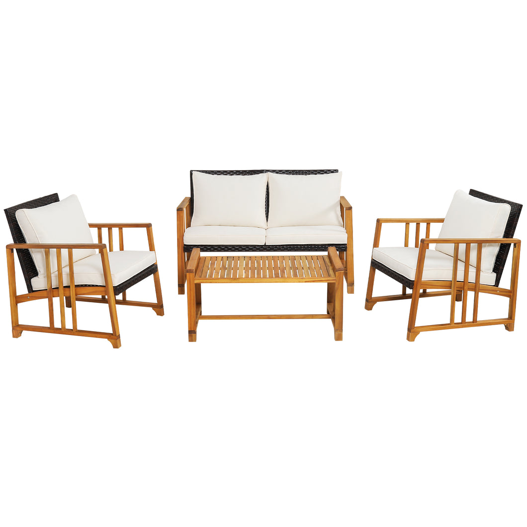 Gymax Set of 4 Wicker Sofa Set Acacia Wood Frame with  Seat & Back Cushions Patio Mix Brown