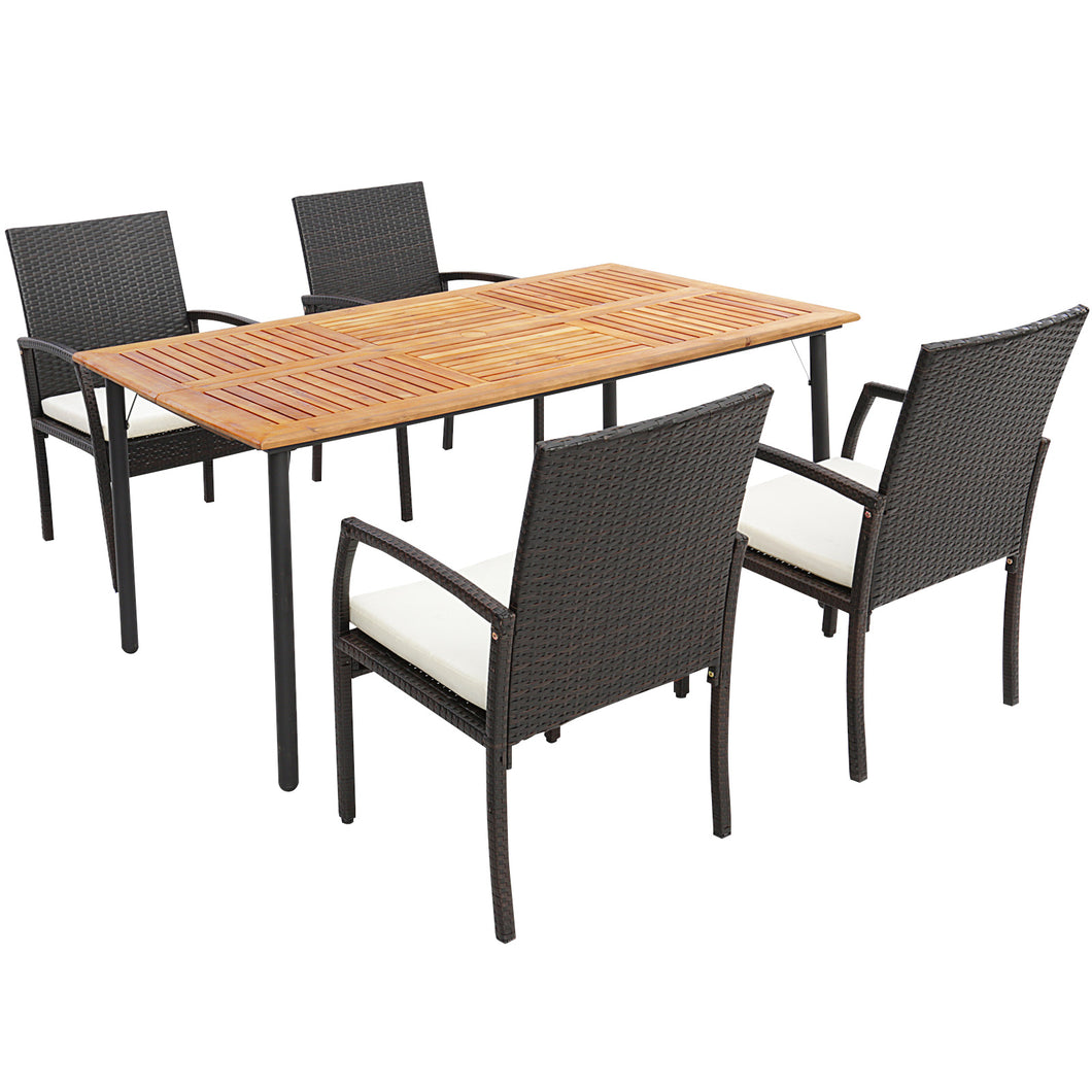 Gymax 5PCS Wicker Dining Set Cushion Armchairs Acacia Wood Table Umbrella Hole Patio