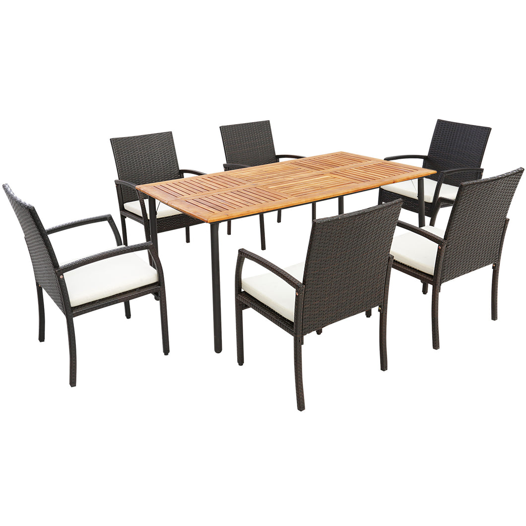 Gymax 7PCS Wicker Dining Set Cushion Armchairs Acacia Wood Table With Umbrella Hole Patio