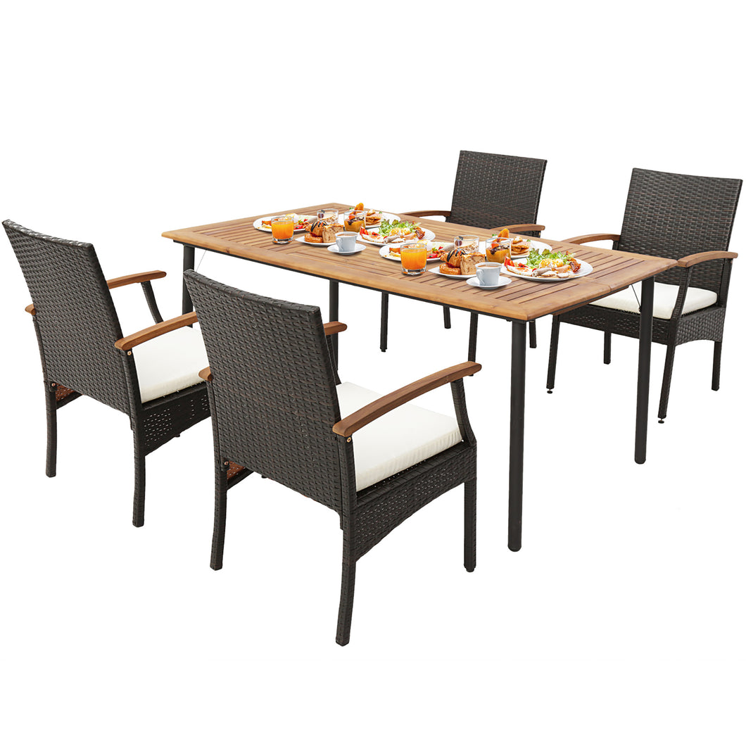 Gymax 5PCS Wicker Dining Set Cushion Acacia Wood Armchairs Table with  Umbrella Hole Patio