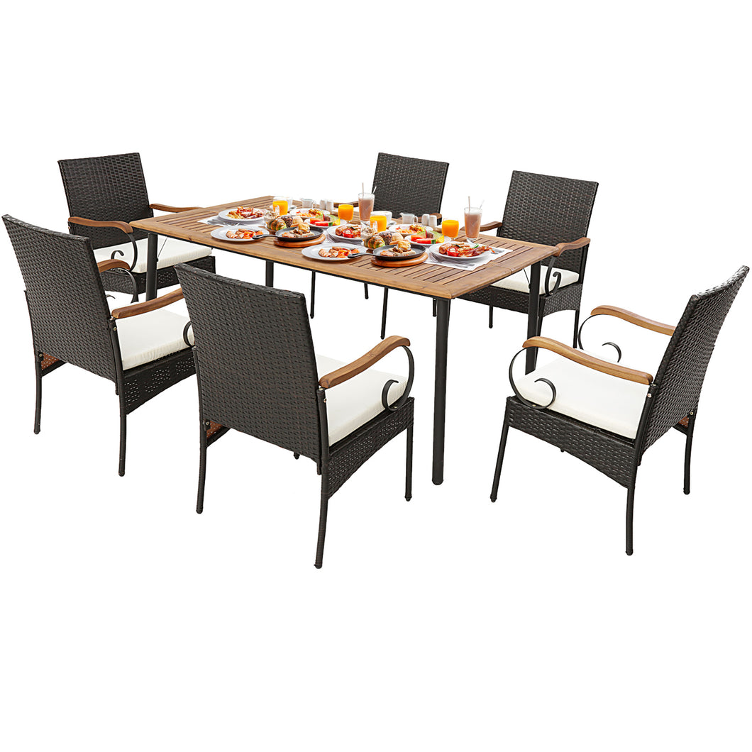 Gymax 7PCS Wicker Dining Set Cushion Acacia Wood Armrests Table with  Umbrella Hole Patio