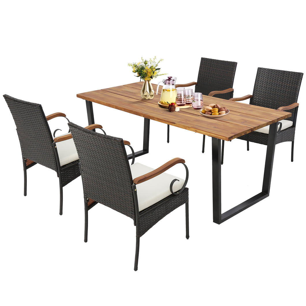 Gymax 5PCS Rattan Dining Set Acacia Wood Table 4 Wicker Chairs with  Umbrella Hole Patio