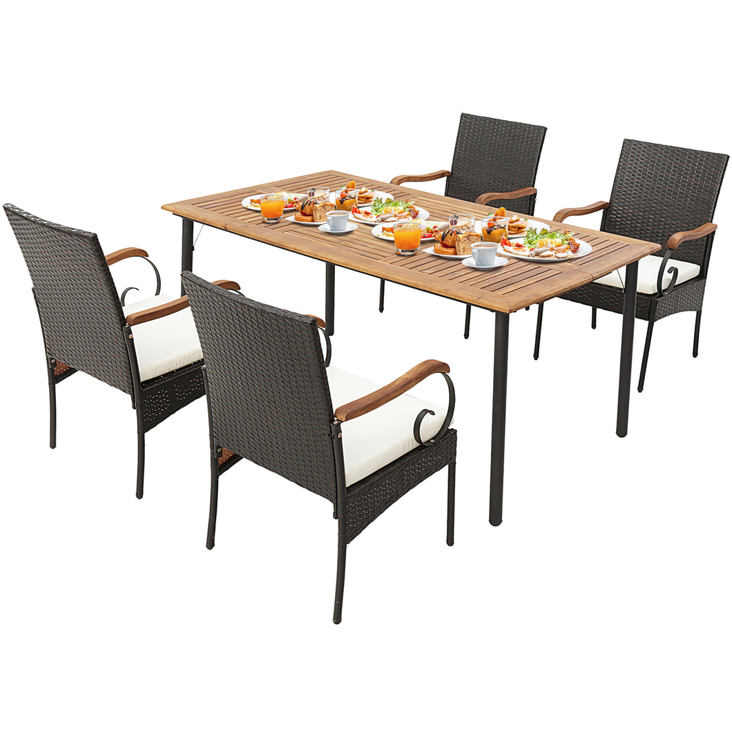 Gymax 5PCS Wicker Dining Set Cushion Armchairs Acacia Wood Table with  Umbrella Hole Patio