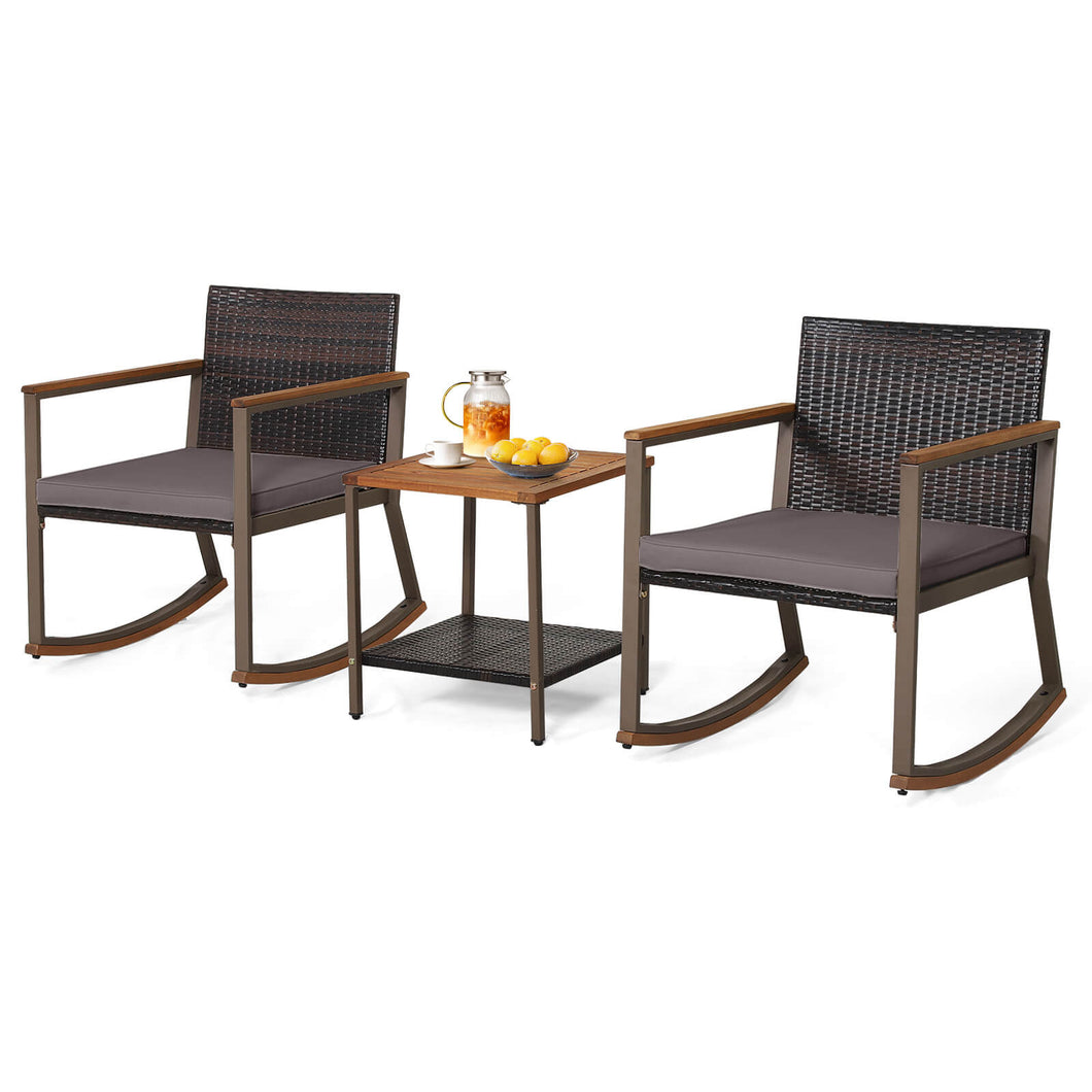 Gymax 3PCS Rattan Rocking Chair Bistro Set Armrest Cushion Table With  Storage Shelf Patio
