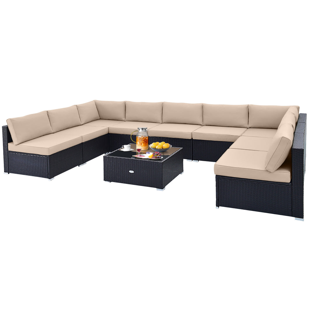 Gymax 10PCS Rattan Furniture Set Outdoor Wicker Sofa Table Cushioned Seat Patio Beige