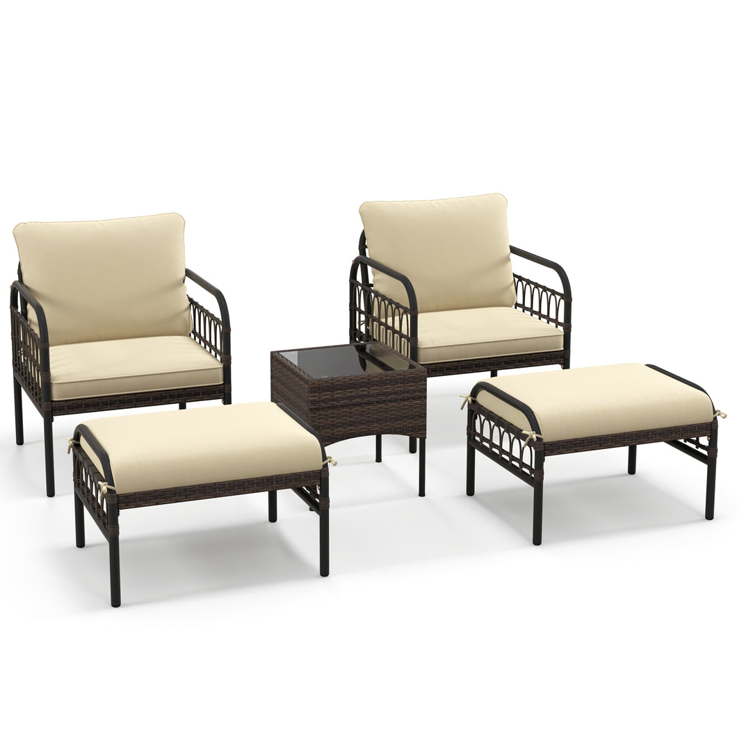 Gymax 5PCS Wicker Furniture Set PE Rattan Chair Set with  Ottomans & Coffee Table Patio