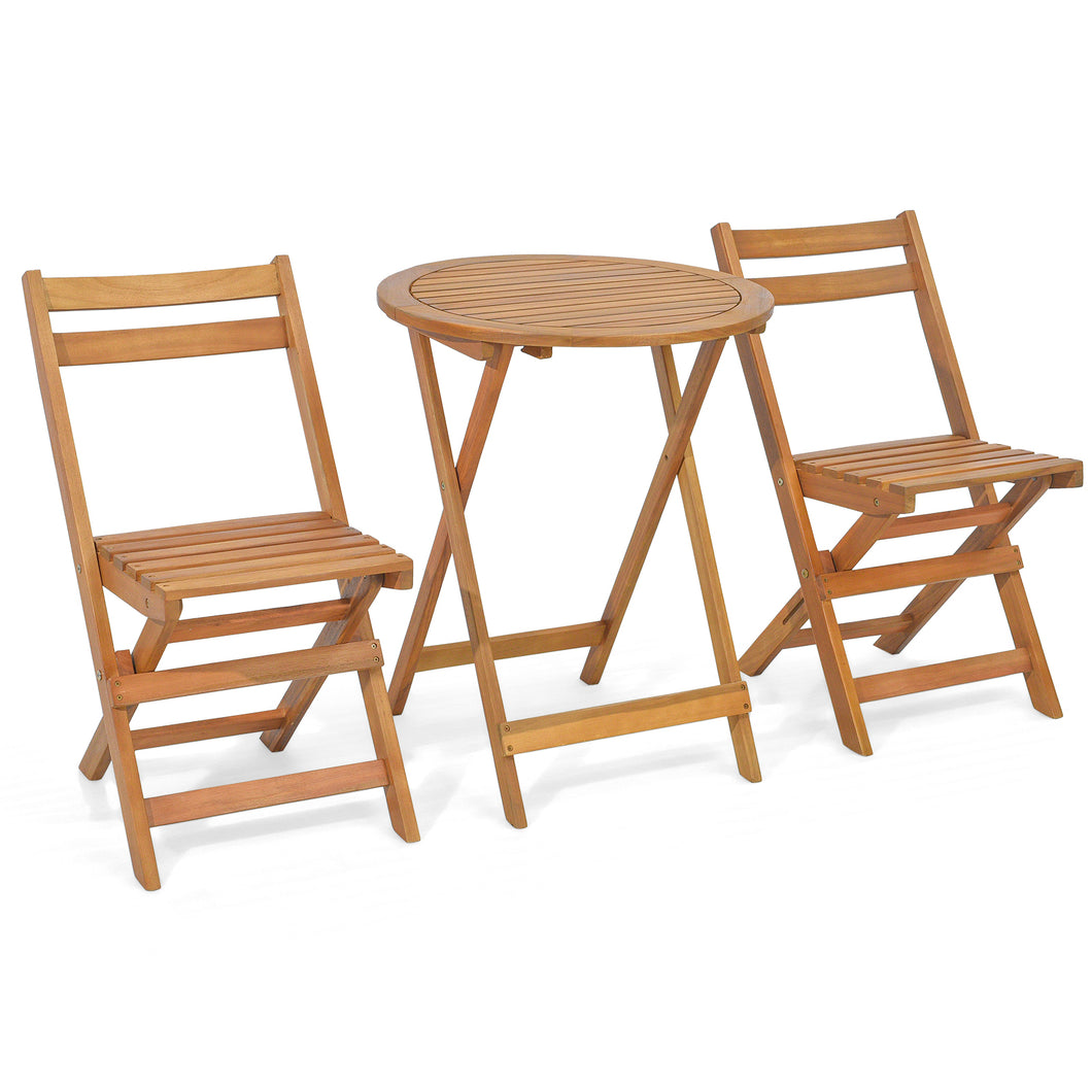 Gymax 3PCS Folding Bistro Set Solid Acacia Wood Table & Chairs Slatted Tabletop Patio