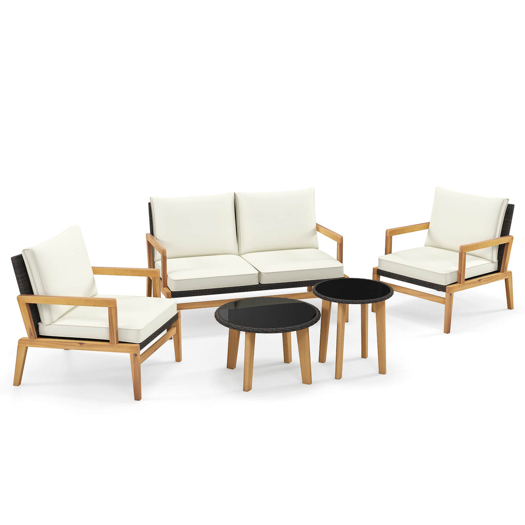 Gymax 5 Piece Rattan Furniture Set with  Wicker Woven Sofa Set & Solid Acacia Wood Frame