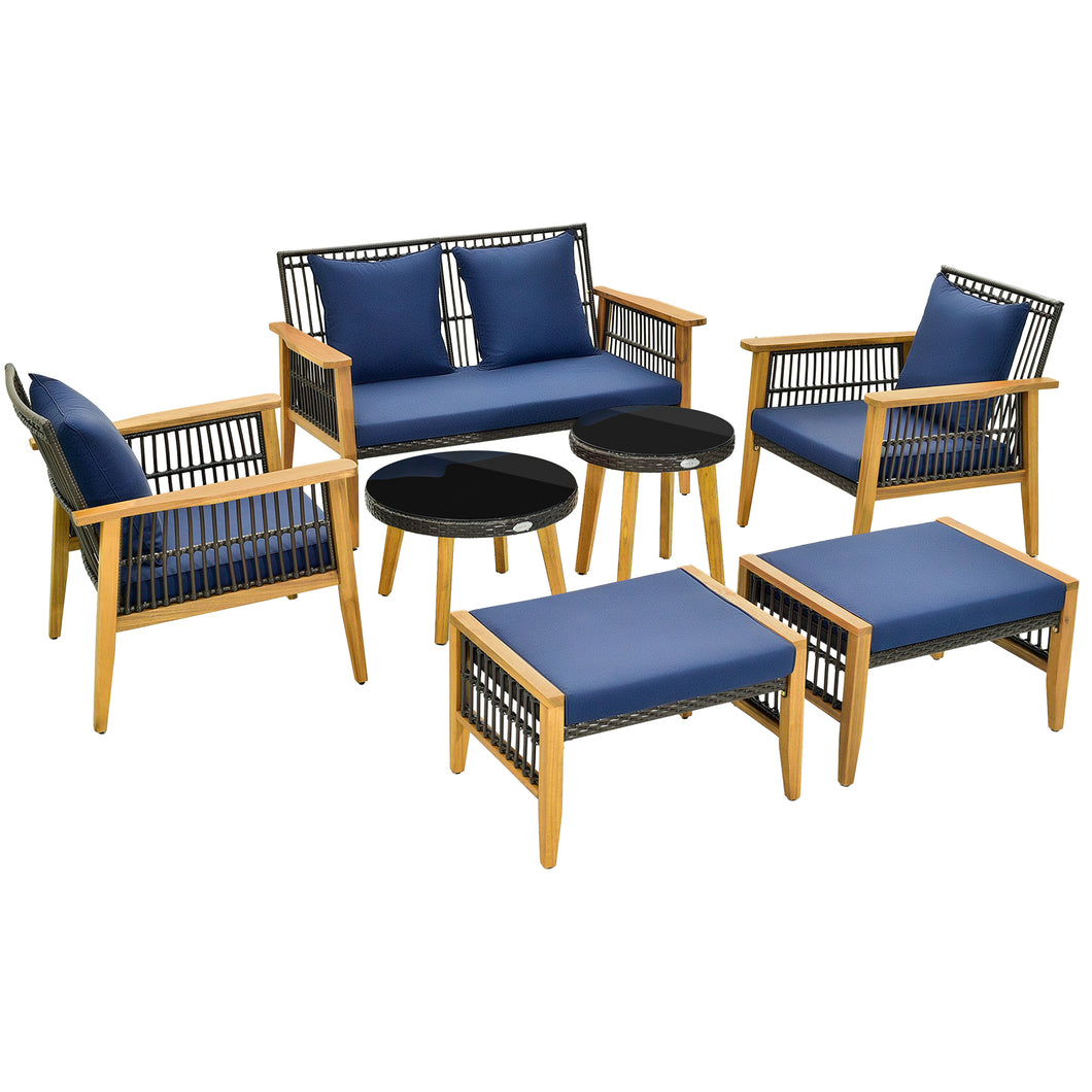 Gymax 7PCS Conversation Set Rattan Woven Chair Set with  2 Coffee Tables & 2 Ottomans