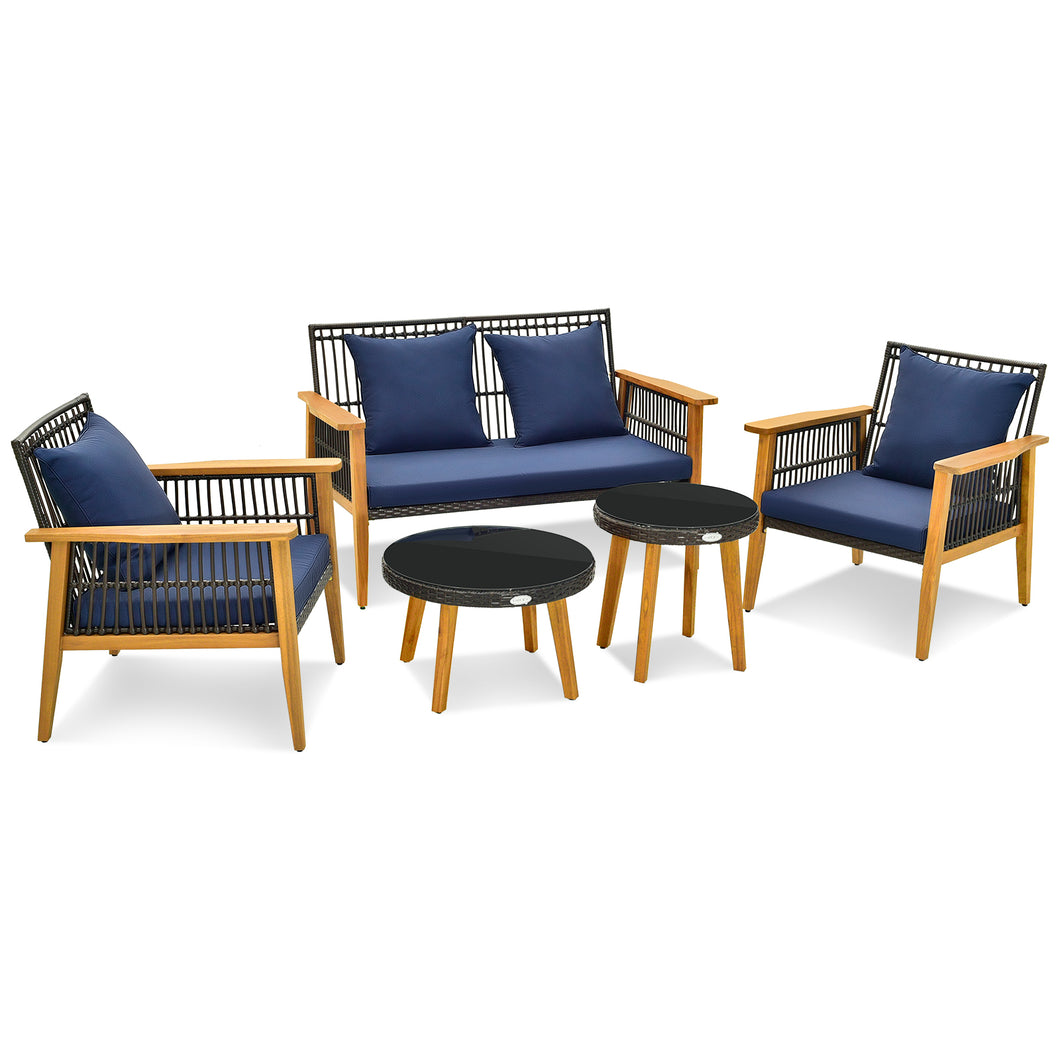 Gymax 5PCS Rattan Woven Conversation Set Stable Acacia Wood Frame for Backyard Patio