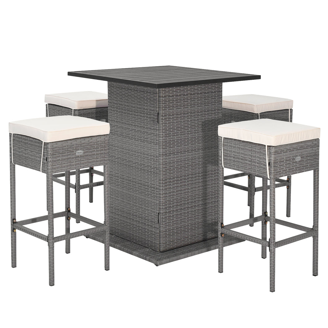 Gymax 5PCS Wicker Bar Table Set with  Hidden Storage Shelves Bar Table Stools Patio