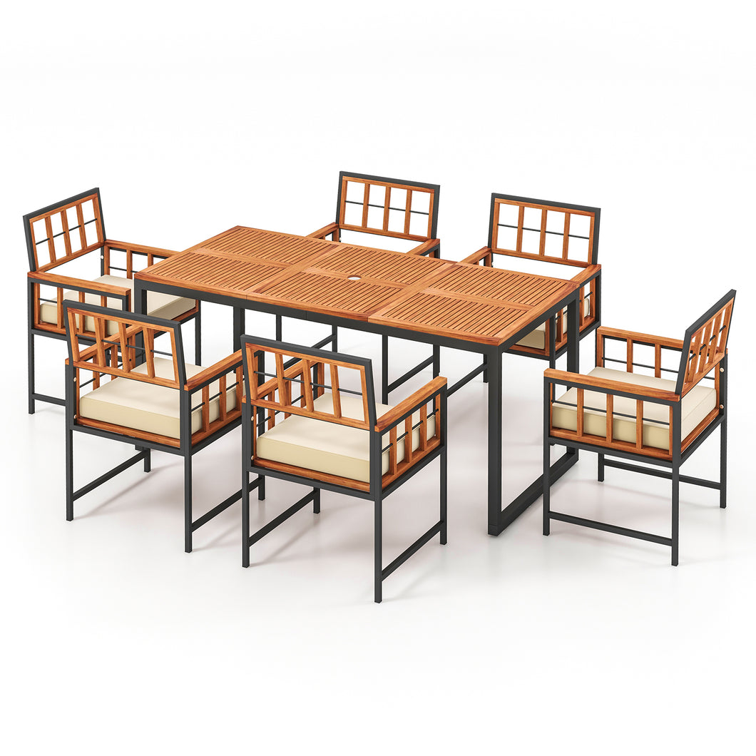 Gymax 7PCS Dining Set Outdoor Acacia Wood Table with  Soft Cushions Umbrella Hole Patio