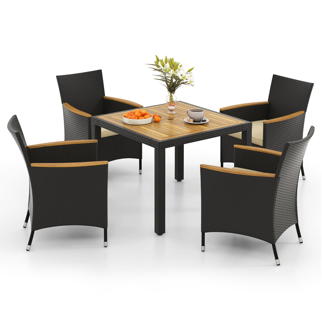 Gymax 5PCS Dining Table Set for 4 Rattan Conversation Set with  Umbrella Hole Patio