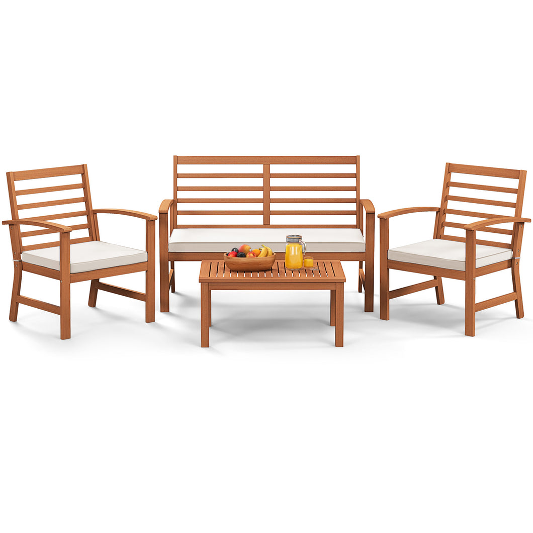 Gymax 4PCS Outdoor Furniture Set with  Soft Seat Cushions Stable Acacia Wood Frame