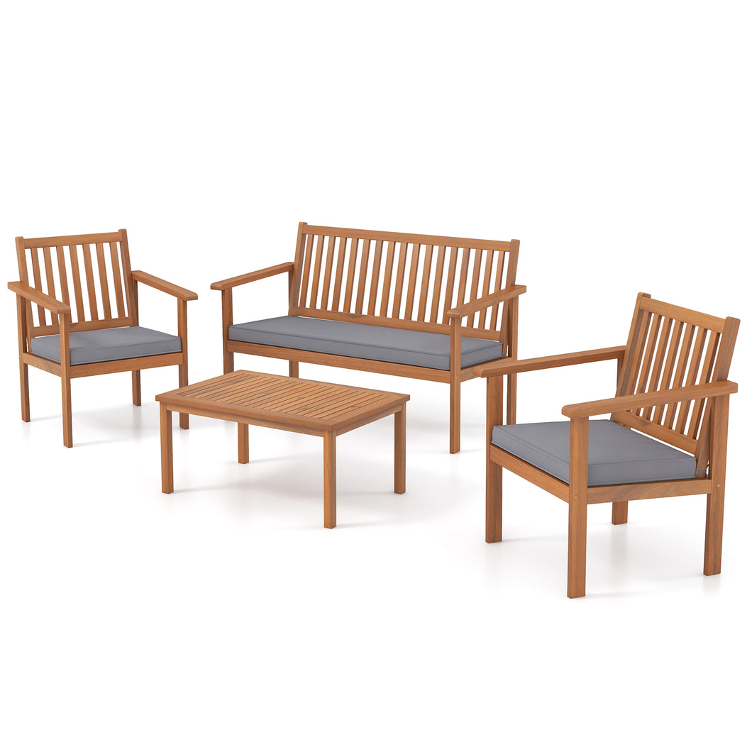 Gymax 4PCS Wood Furniture Set with  Loveseat 2 Chairs & Coffee Table for Porch Patio Gray