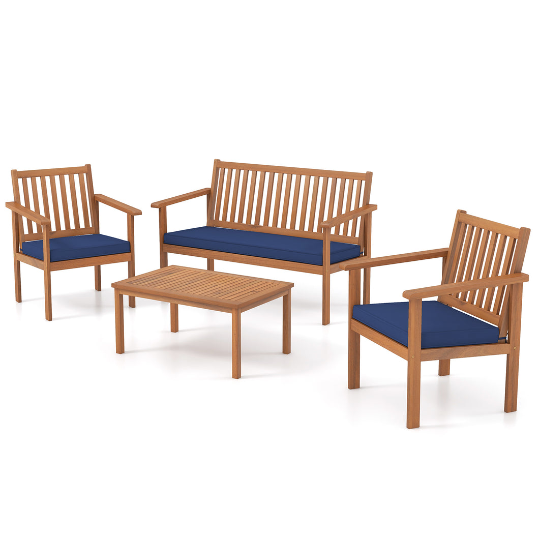 Gymax 4PCS Wood Furniture Set with  Loveseat 2 Chairs & Coffee Table for Porch Patio Navy