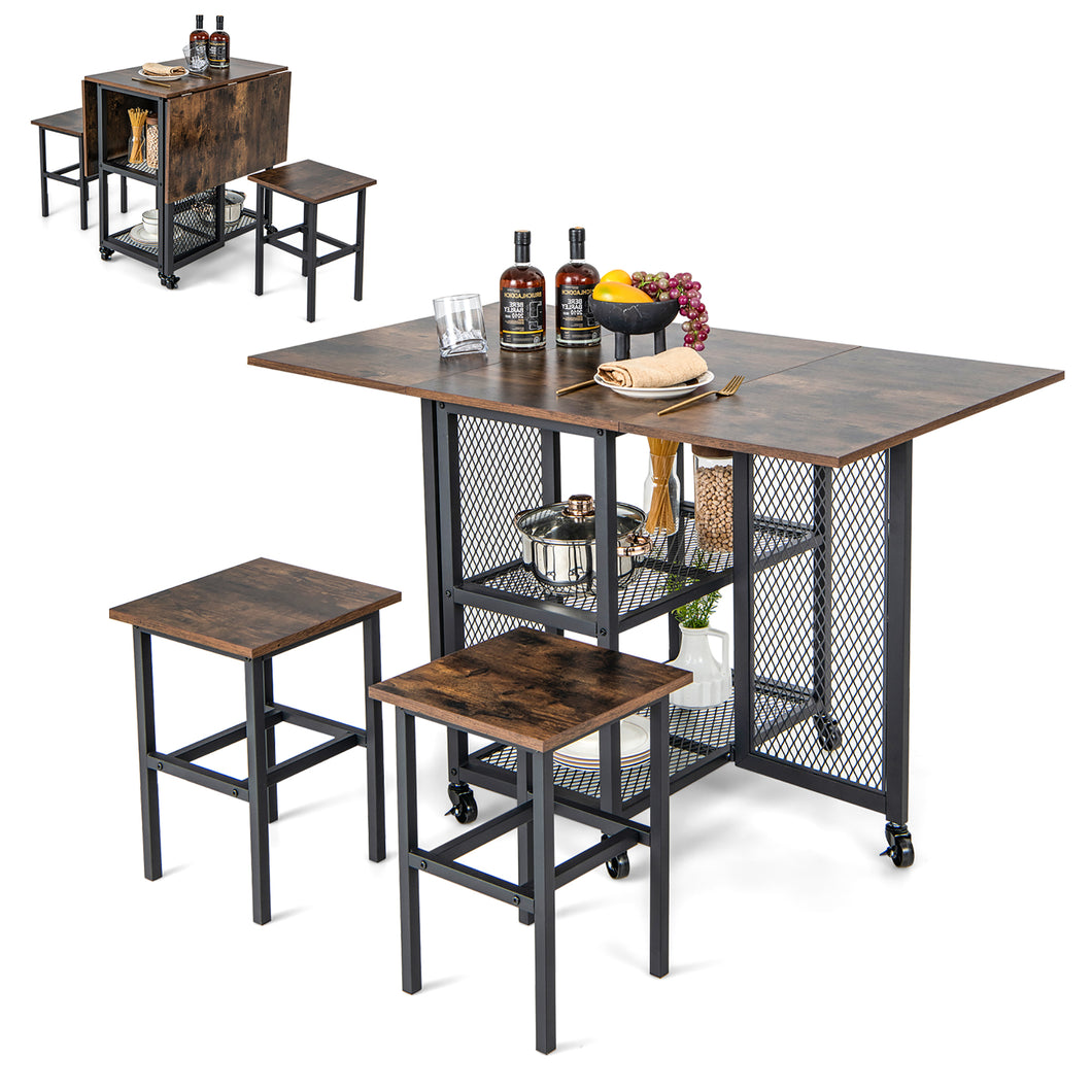 Gymax 3PCS Foldable Dining Table Set Drop Leaf Expandable Dining Table & 2 Stools