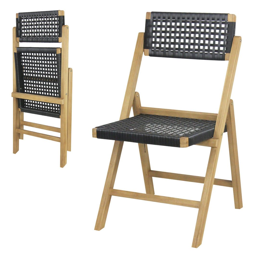 Gymax 2PCS Folding Chairs with  Woven Rope Seat & High Back Indonesia Teak Patio
