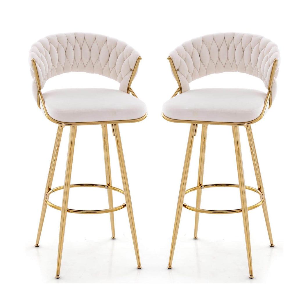 Gymax 4PCS Velvet Bar Stool 29'' Bar Height Stools Metal Legs with  Woven Backrest & Gold Beige