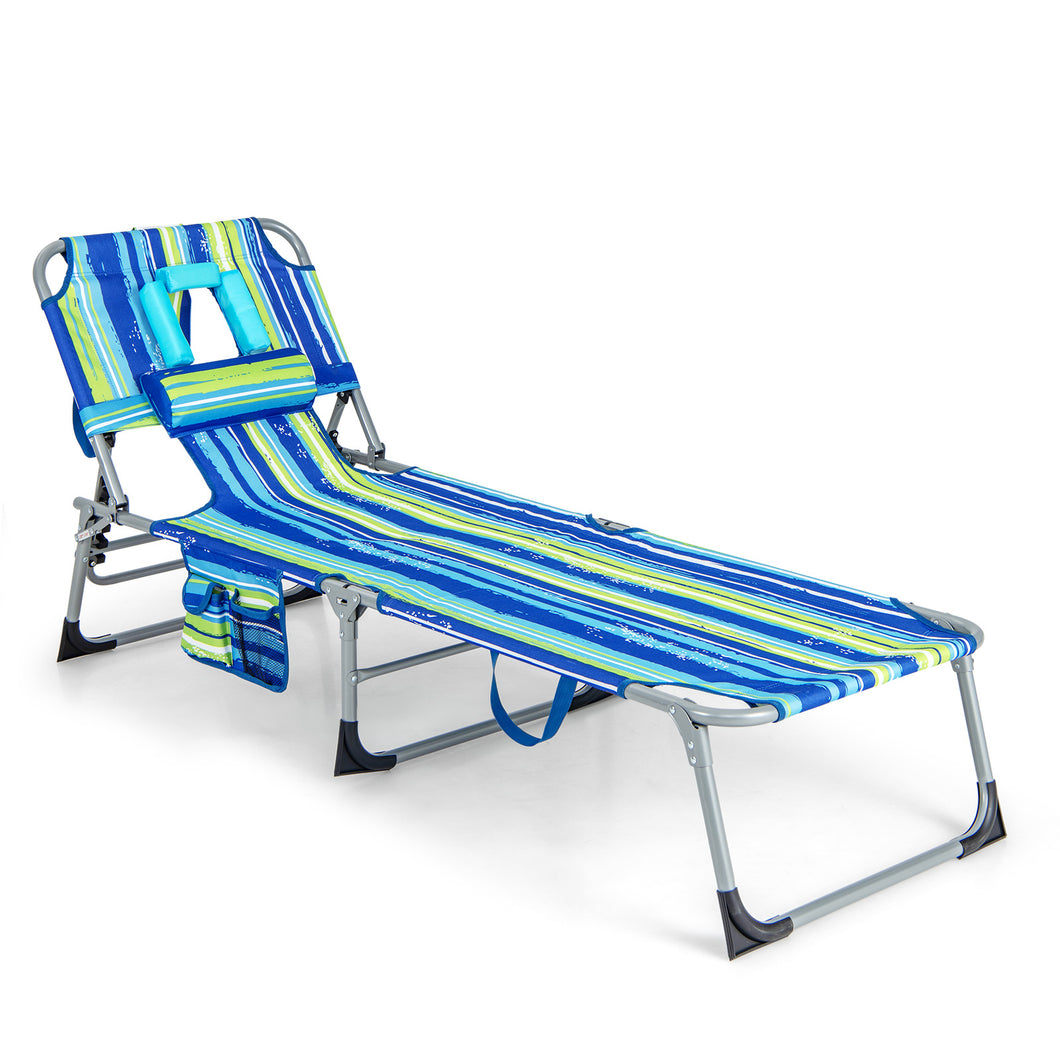 Gymax Goplus Outdoor Beach Lounge Chair Folding Chaise Lounge with  Pillow Blue & Green