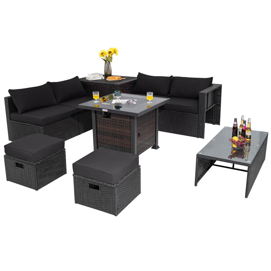 Gymax 9PCS Furniture Set with  32'' Fire Pit Table 50,000 BTU Square Propane Fire Pit Patio Black