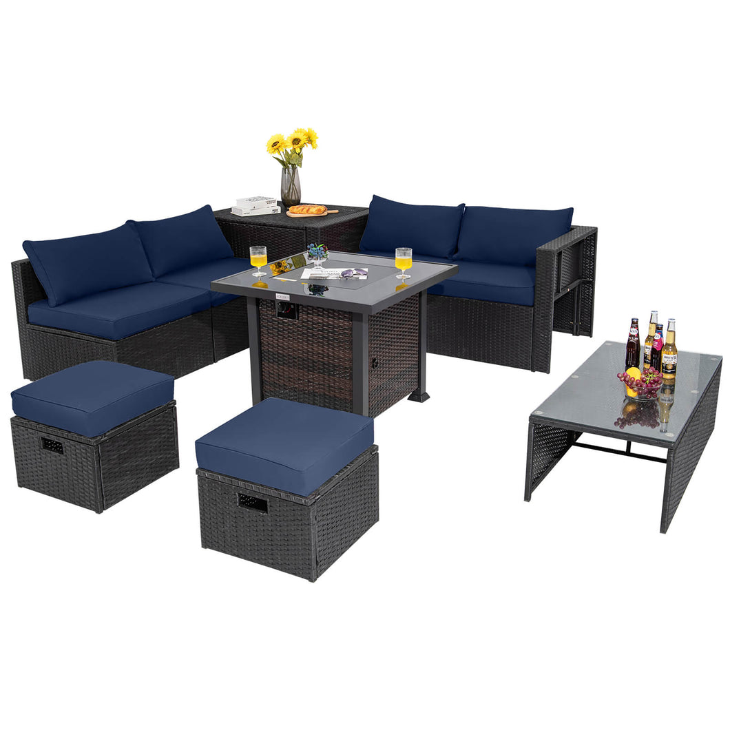 Gymax 9PCS Furniture Set with  32'' Fire Pit Table 50,000 BTU Square Propane Fire Pit Patio Navy