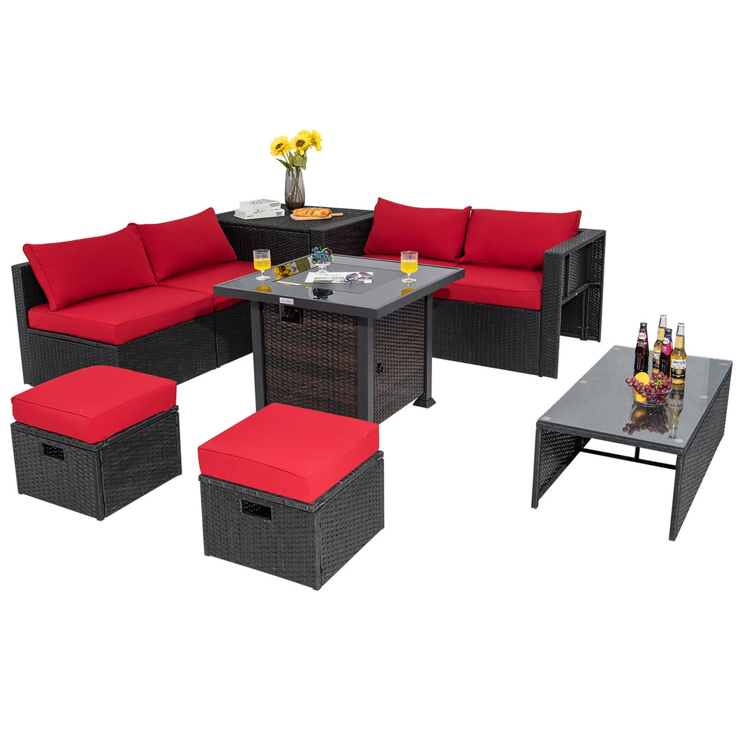 Gymax 9PCS Furniture Set with  32'' Fire Pit Table 50,000 BTU Square Propane Fire Pit Patio Red