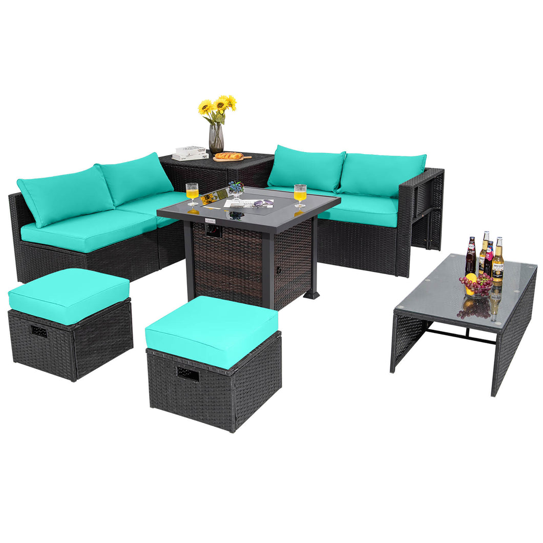 Gymax 9PCS Furniture Set with  32'' Fire Pit Table 50,000 BTU Square Propane Fire Pit Patio Turquoise