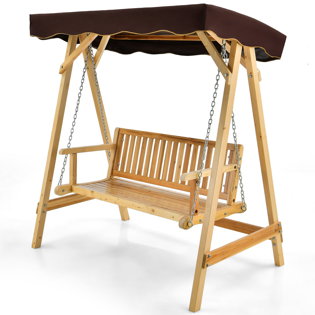 Gymax 2 Person Bathing Bench Chair Wooden with  Adjustable Canopy for Garden Porch Backyard