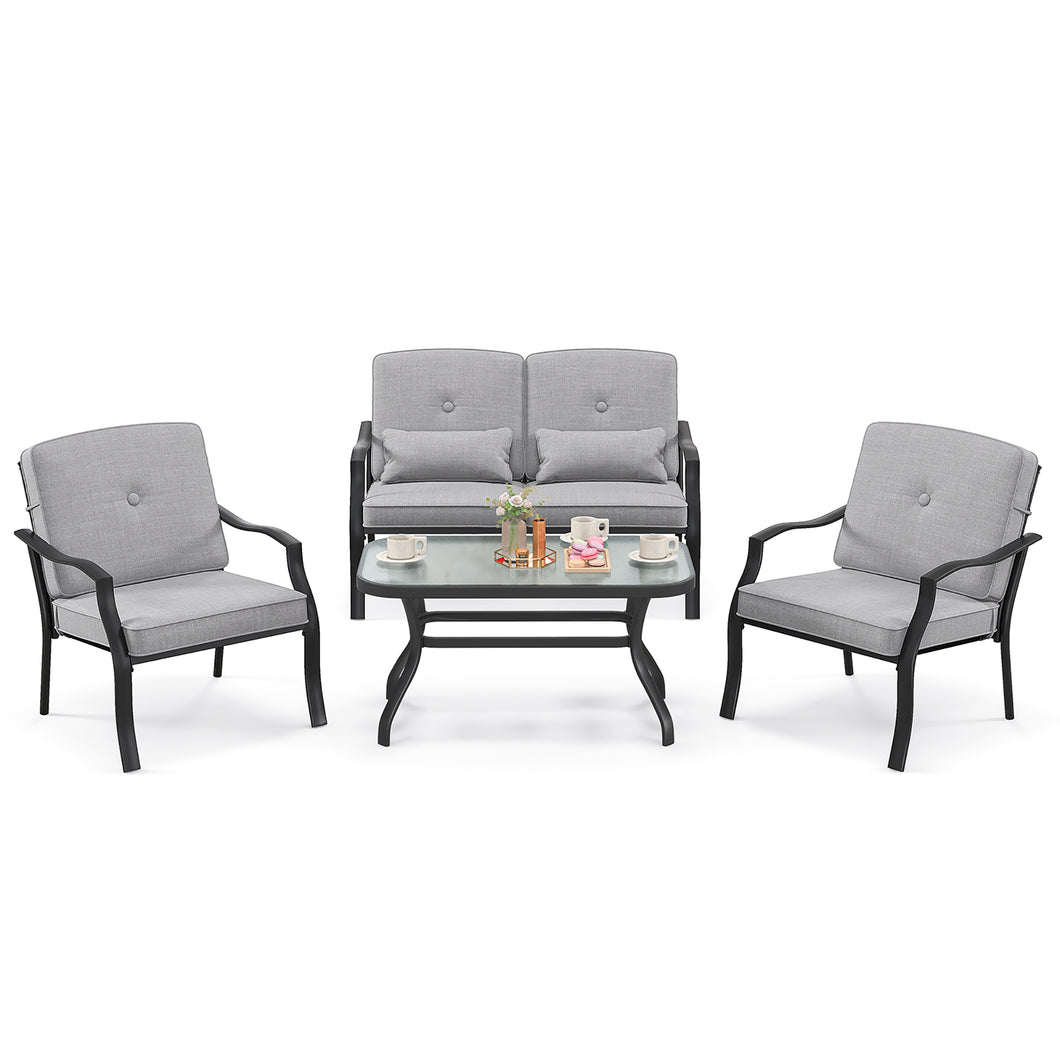 Gymax 4PCS Furniture Set Outdoor Conversation Sofa with  Tempered Glass Coffee Table Patio