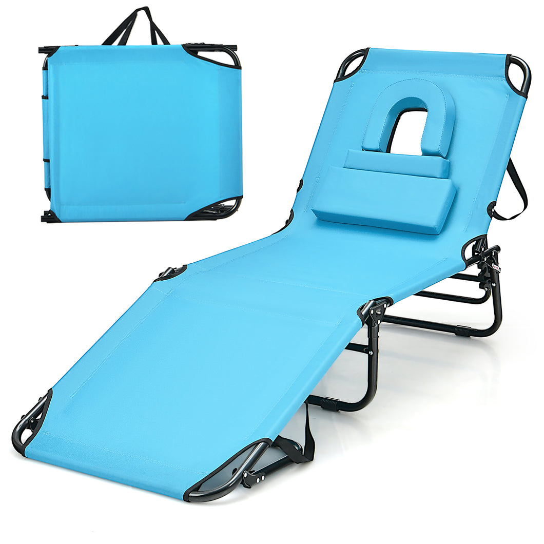 Gymax Beach Chaise Lounge Chair with  5-Position Adjustable Backrest & Face Hole Pillows