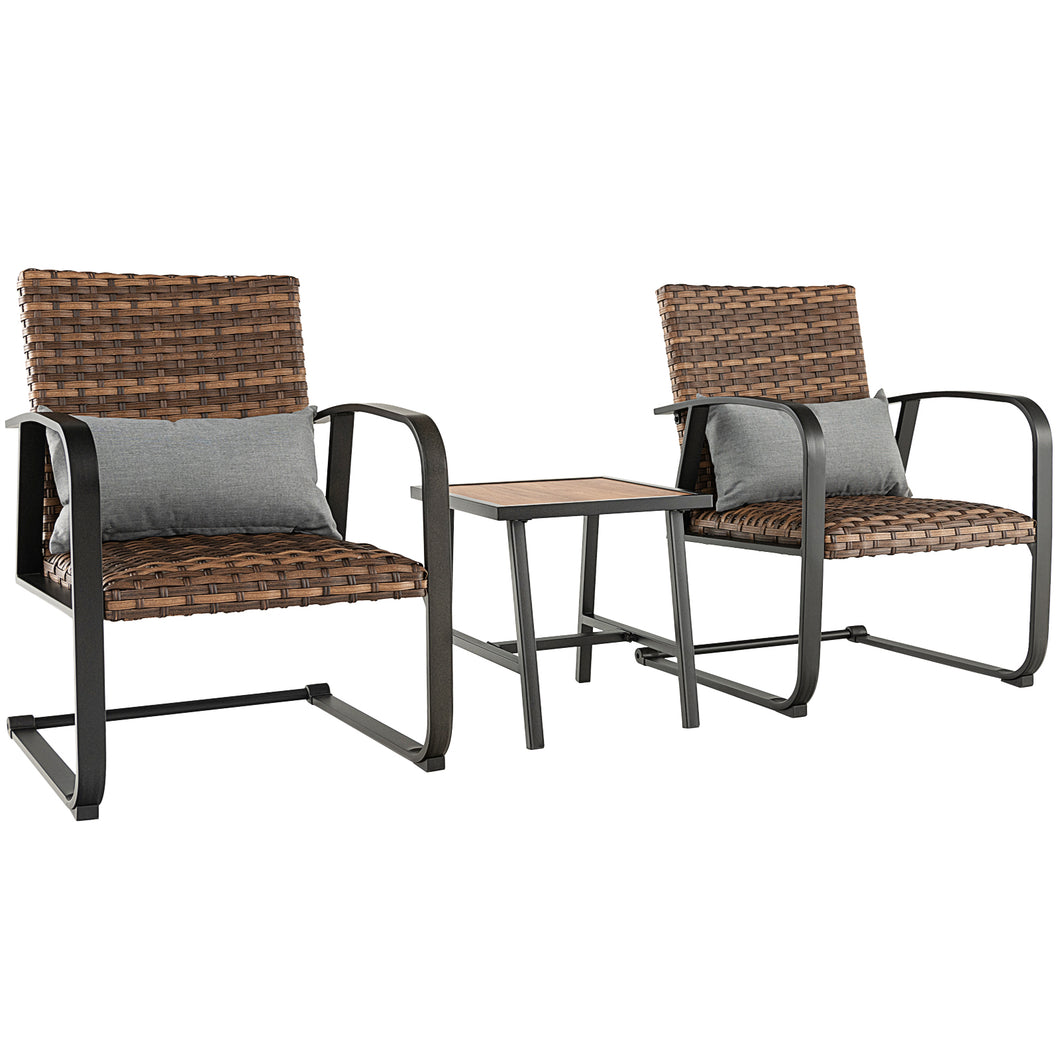Gymax Set of 3 Rattan Furniture Bistro Set C-Spring Chair Padded Seat Patio