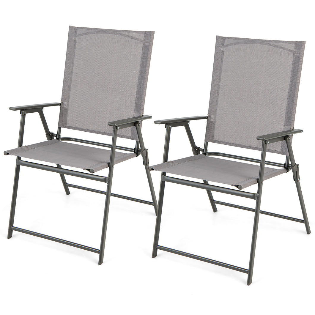 Gymax 2PCS Folding Portable Dining Chairs Metal Frame Armrests Outdoor Patio Grey