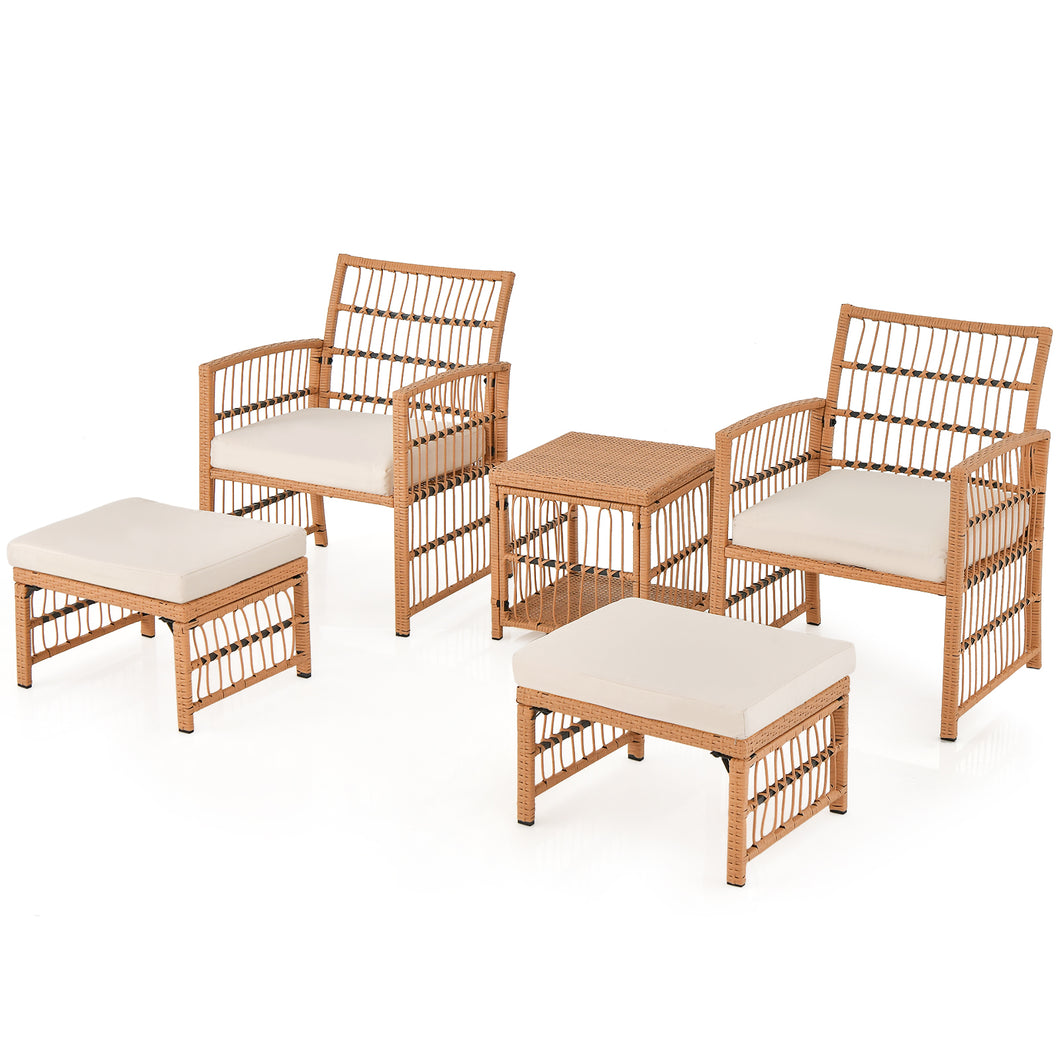 Gymax 5 Piece Patio Rattan Wicker Conversation Set with  2-Tier Coffee Table & 2 Ottomans