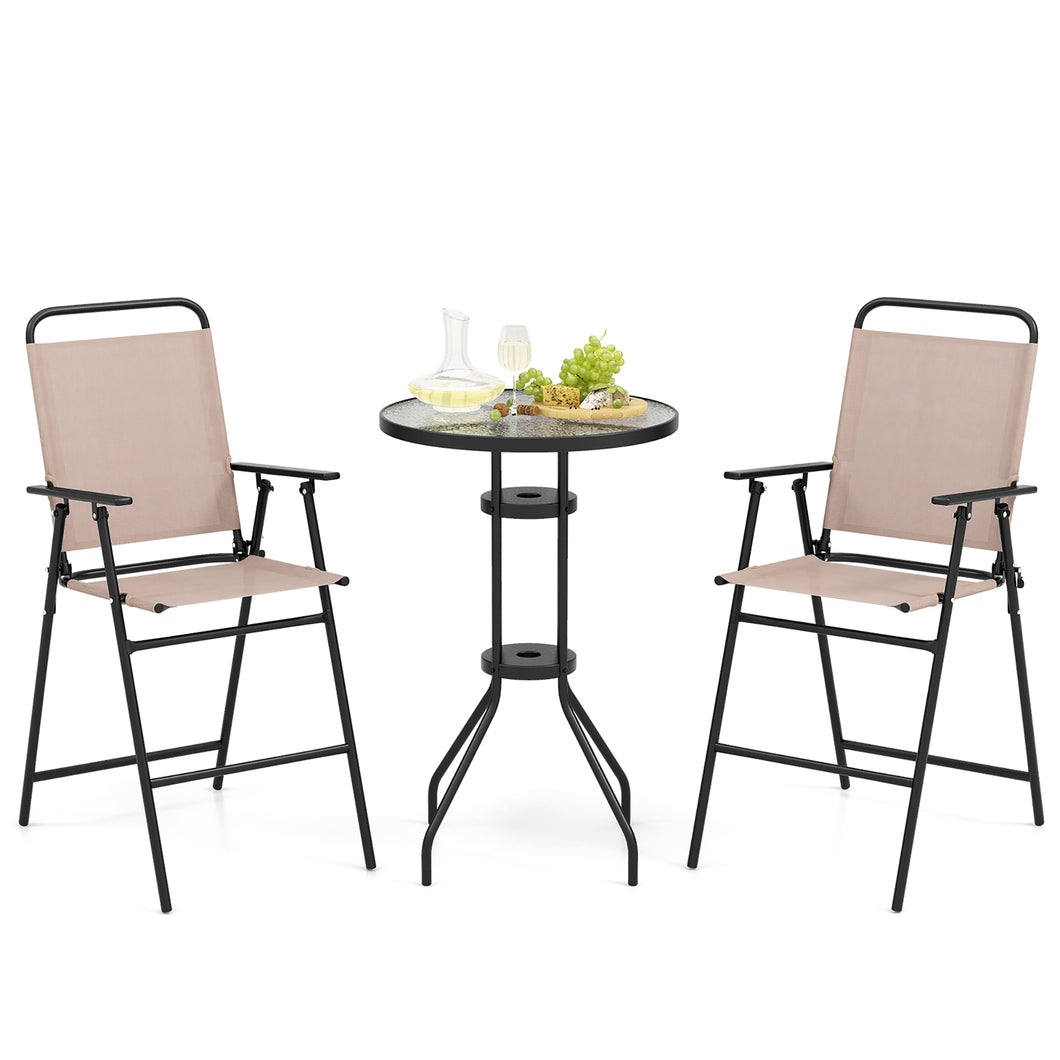 Gymax 3PCS Bistro Set Folding Chairs Round Bar Table with  1.6'' Umbrella Hole Yard Patio
