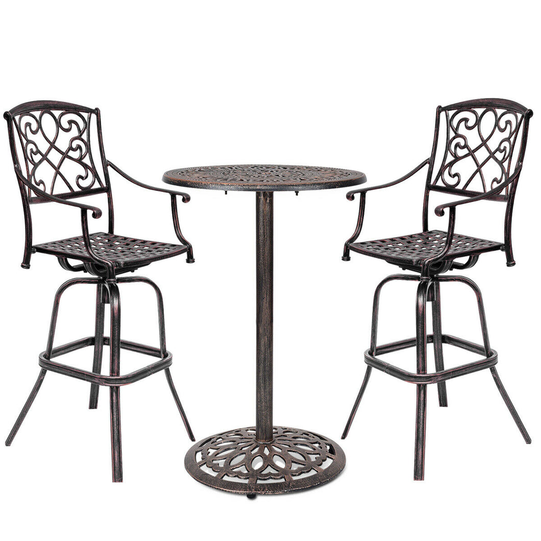 Gymax 3PCS Cast Aluminum Bistro Set 1 Round Bar Table & 2 Swivel Bar Stools Patio Pub