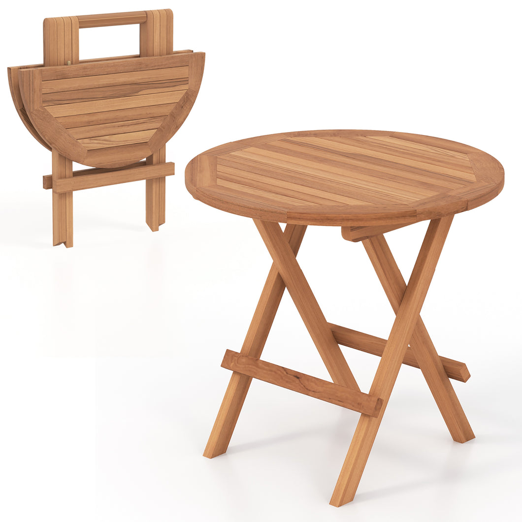 Gymax Table Indonesia Teak Wood Round Slatted Tabletop Portable Camping Folding Side Patio