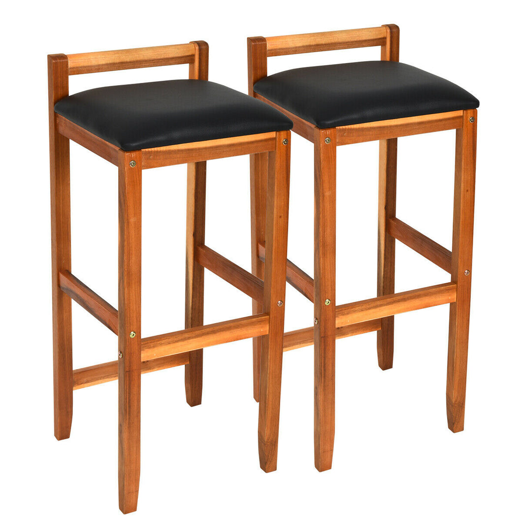Gymax Set of 2 Acacia Wood Barstools 28.5'' Bar Chair Upholstered Reddish Brown Indoor