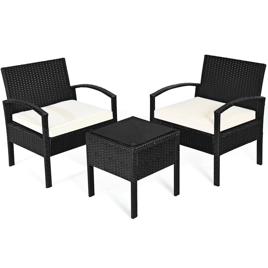 Gymax 3PCS Patio Rattan Furniture Set Table & Chairs Set with Coushions Outdoor