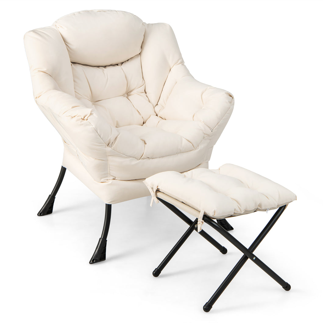 Gymax Lazy Sofa Chair Accent Leisure Armchair with Folding Footrest & Storage Pocket Beige
