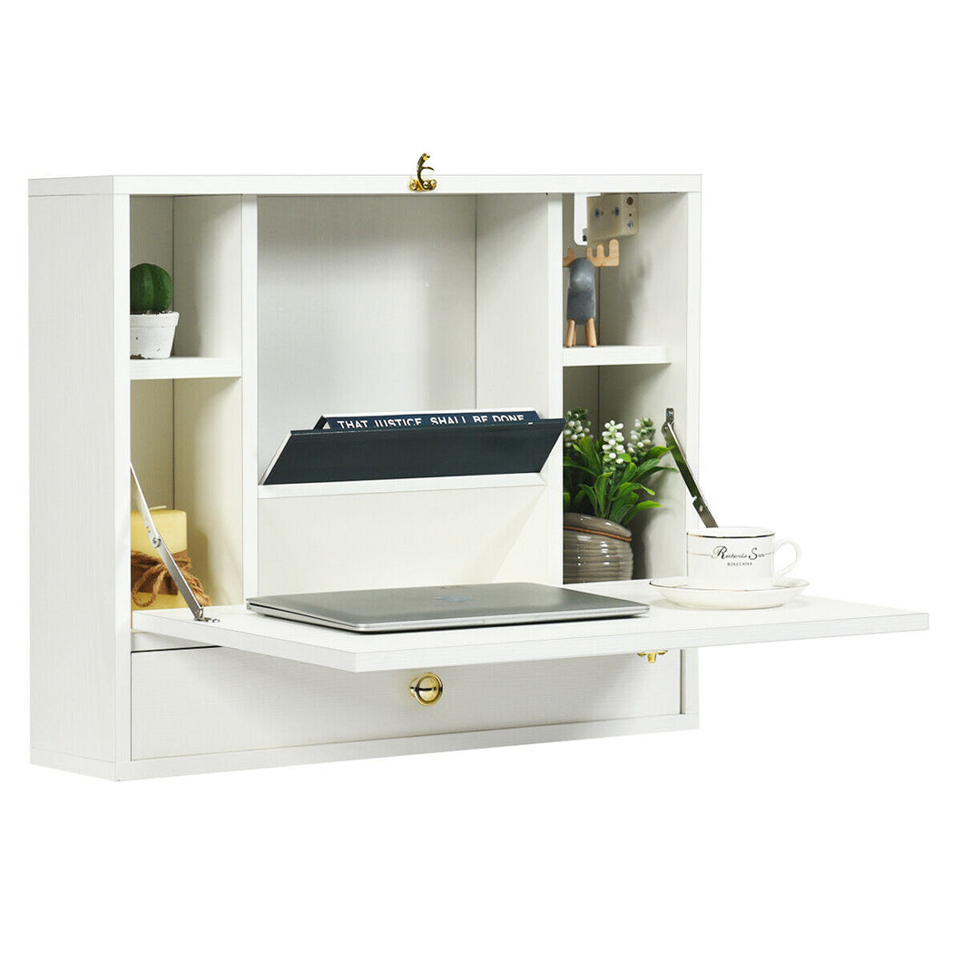 Gymax White Wall Mounted Folding Laptop Desk Hideaway Organizer Storage Space Saver w/Drawer