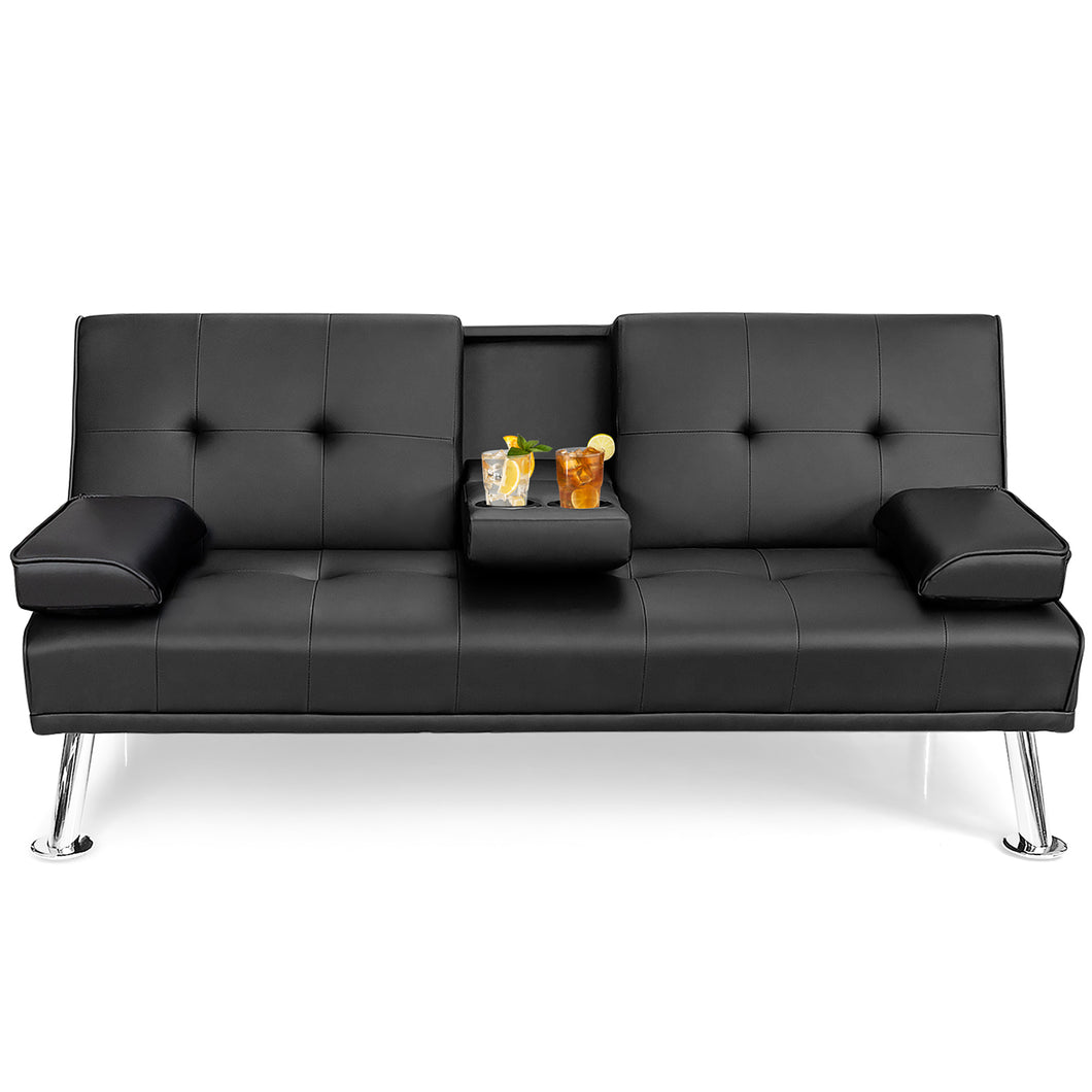 Gymax Convertible Folding Futon Sofa Bed Leather w/Cup Holders&Armrests Black