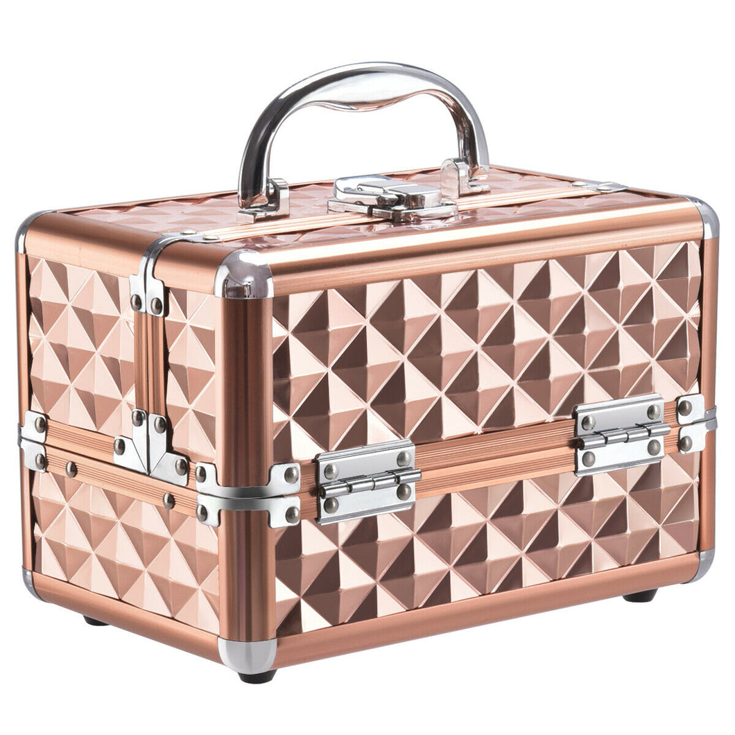 Gymax Makeup Organizer Cosmetic Case with Extendable Trays And Mirror Rose Gold
