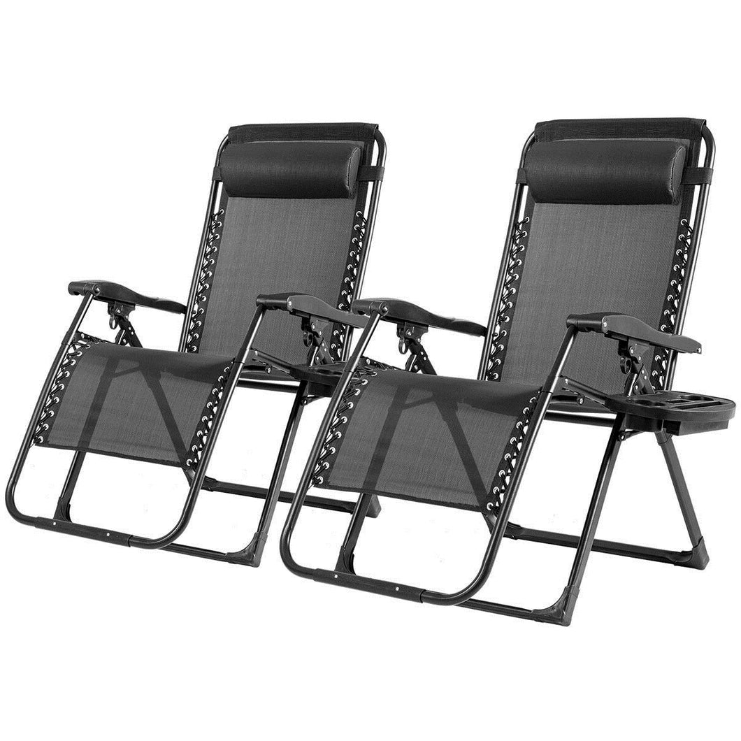 Gymax 2PCS Folding Zero Gravity Lounge Chair Recliner w/ Cup Holder Pillow